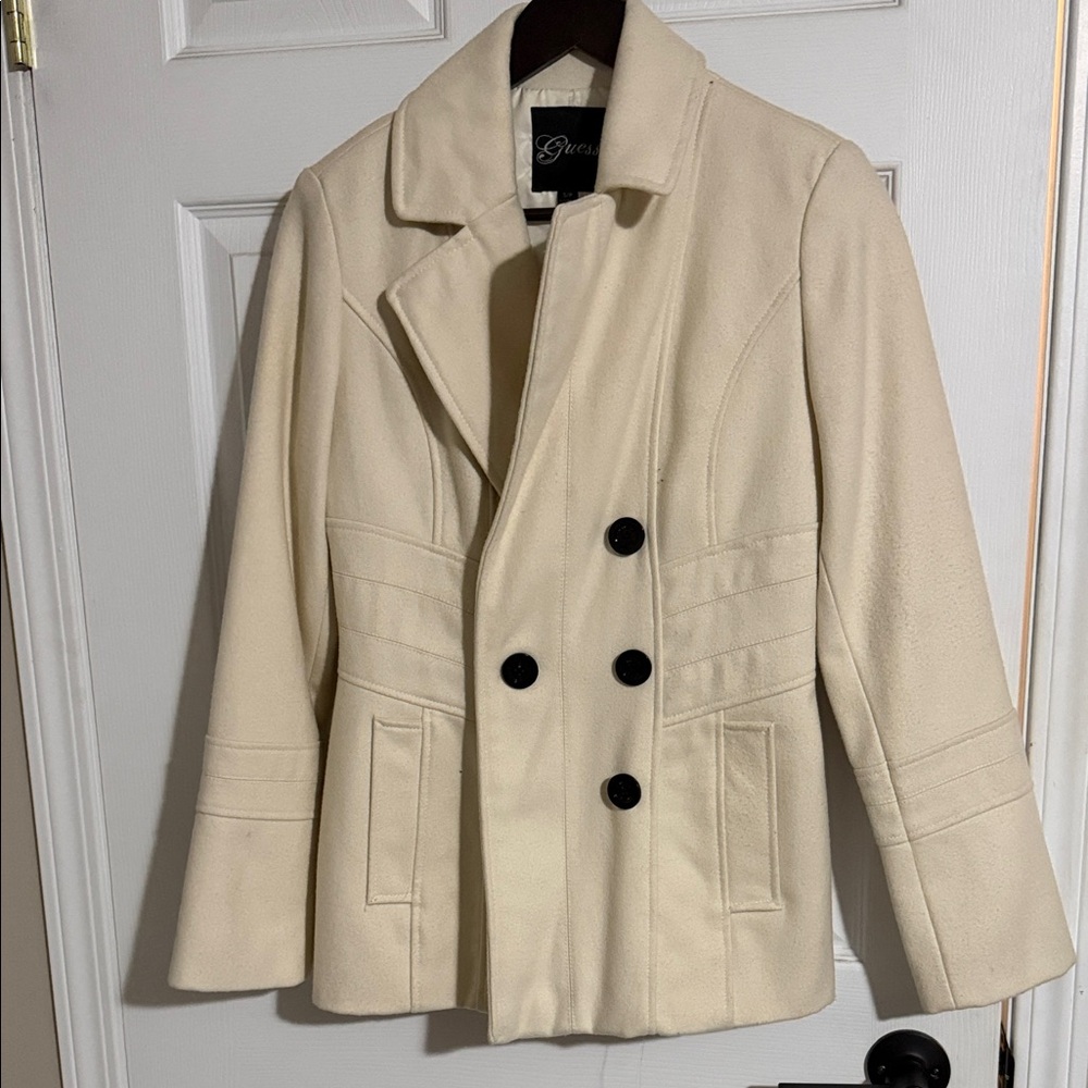 Guess Cream Double-Breasted Pea Coat